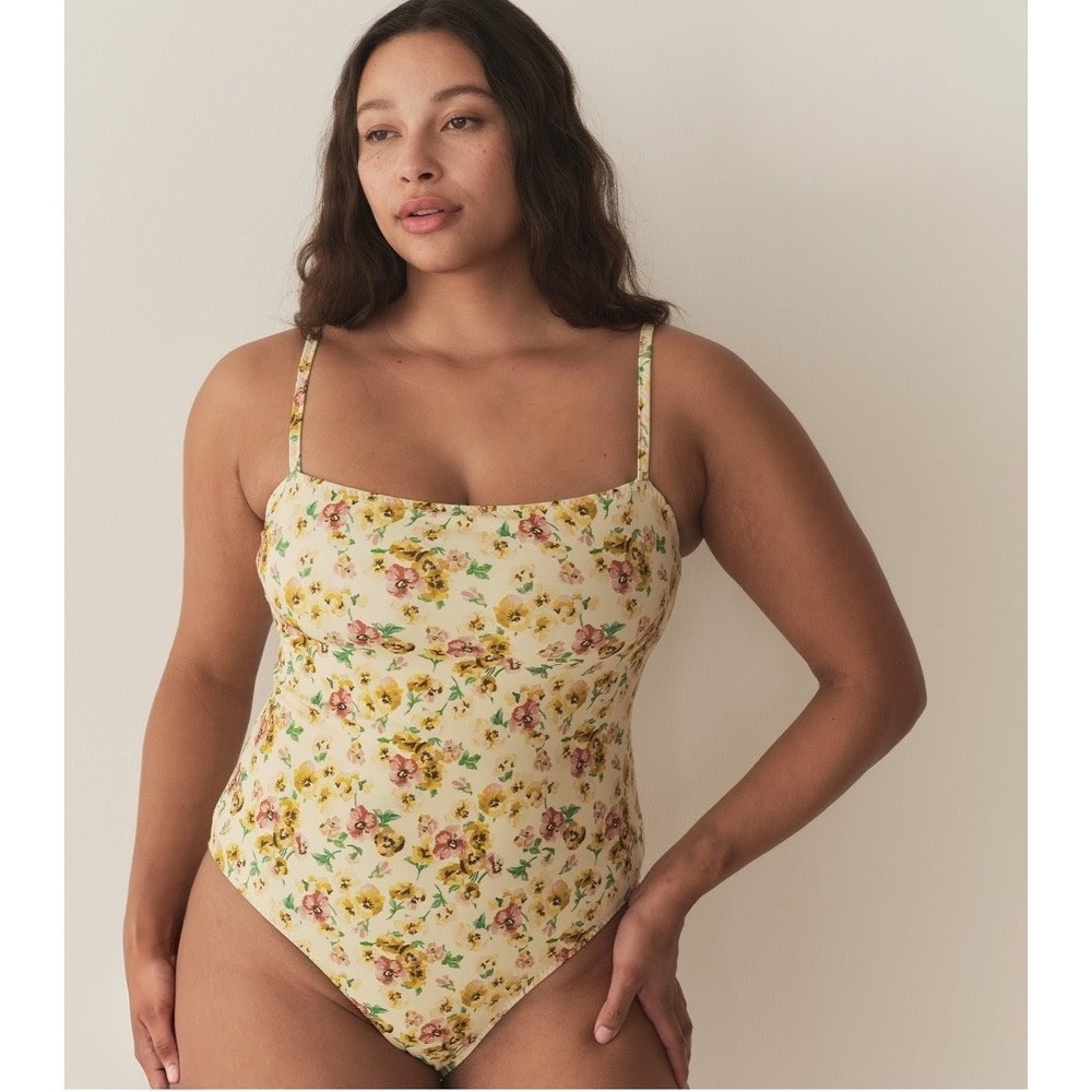 DÔEN Women's One Piece Swimsuit L Yellow Floral Marbella Maillot Cottagecore